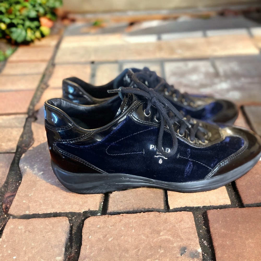 Authentic Prada Men's Blue Velvet and Black Patent Leather Lace Up Running Shoes - Picture 3 of 12